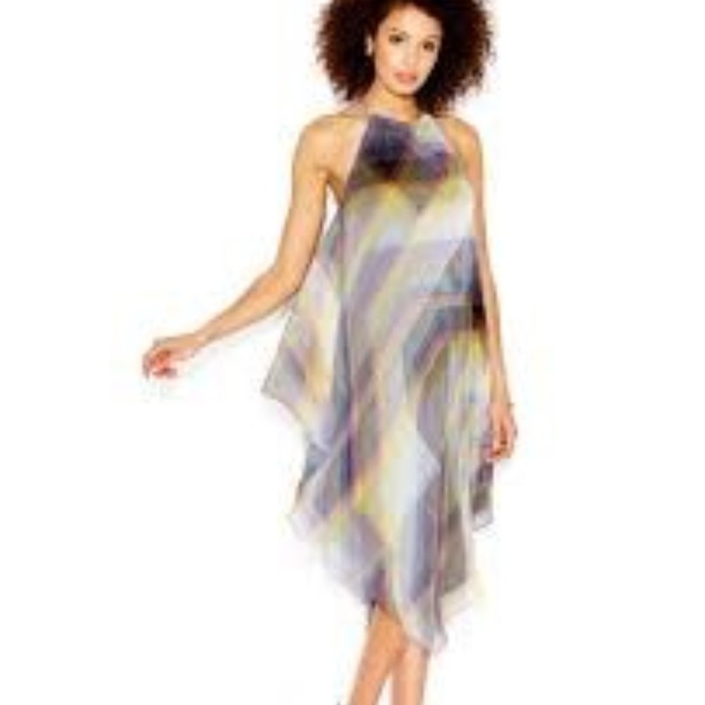Rachel Roy | Asymmetric Printed Handkerchief-Hem Draped Multicolor Prism Dress